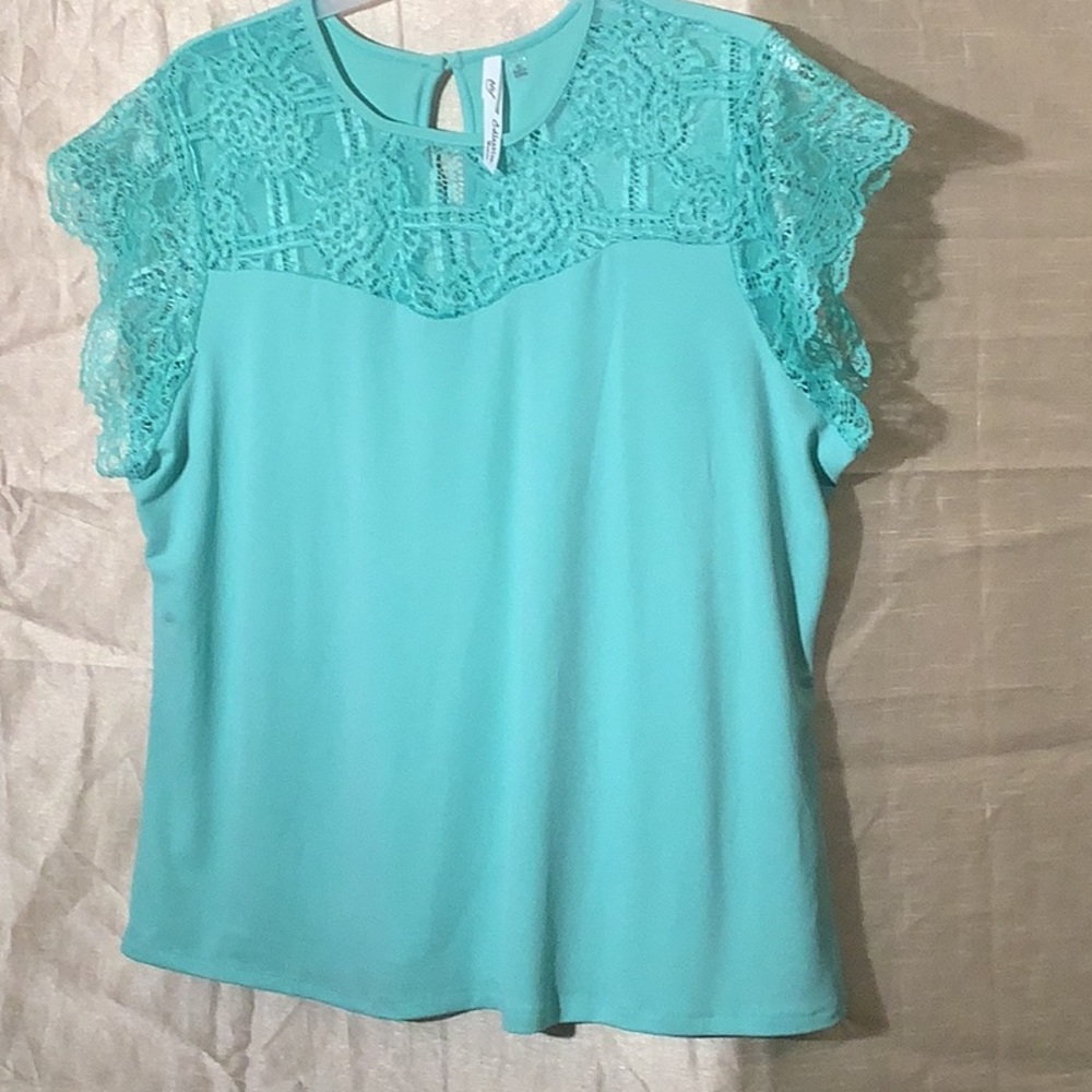 NY Collection Blue Green Lace Cap Sleeve Blouse